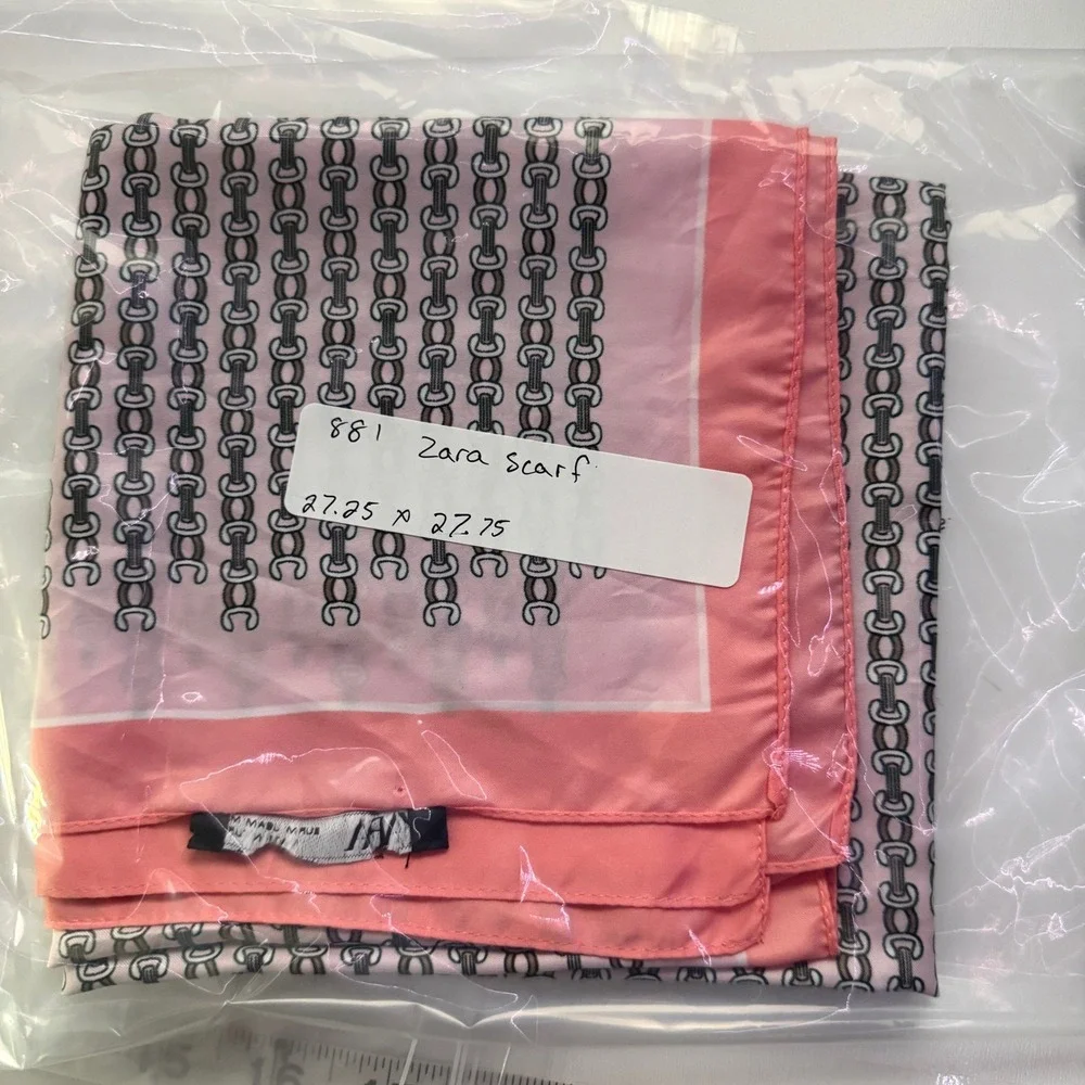 Zara Square Neck Scarf Pink Coral Peach Chain Link Print 27x27